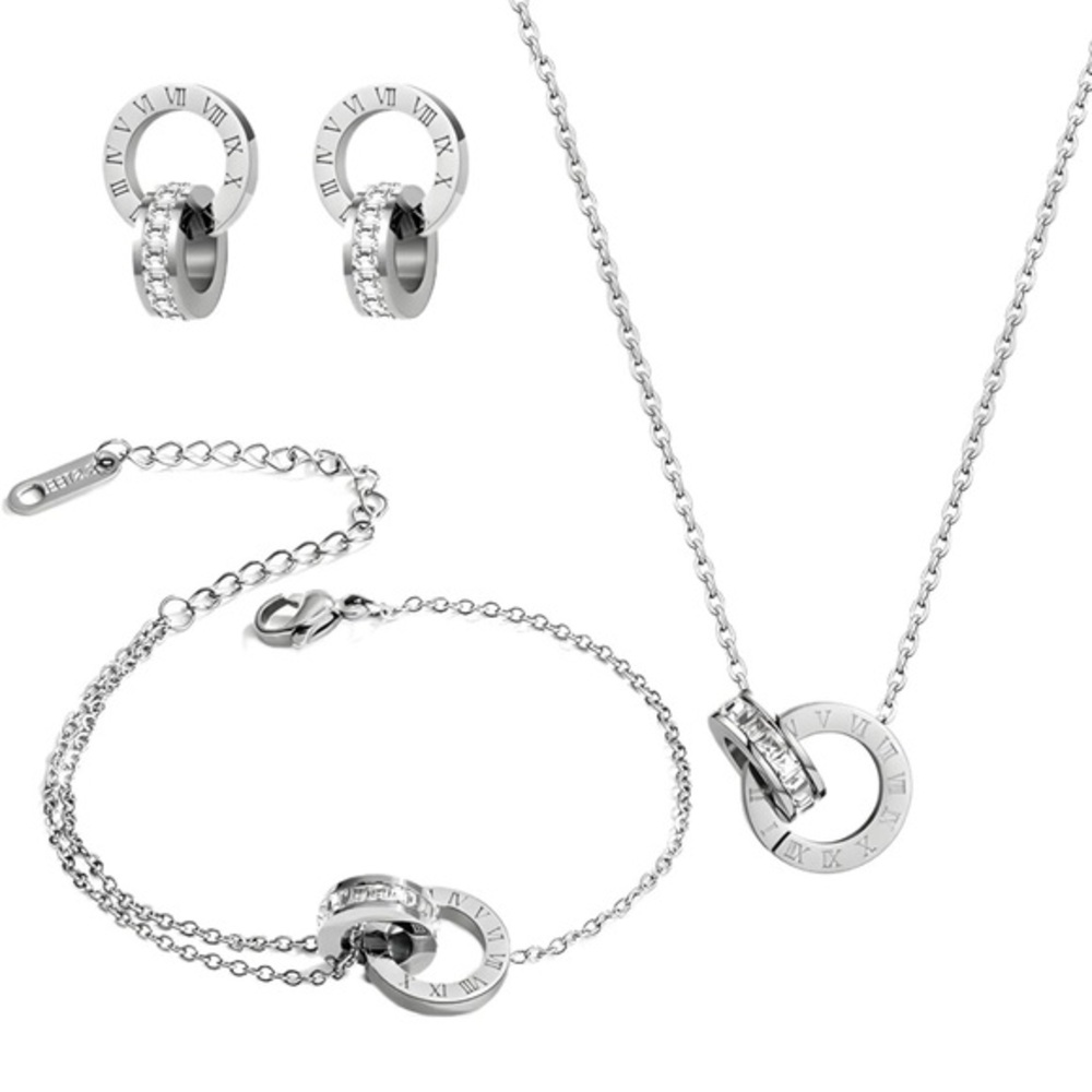 4pcs Stainless Steel Roman Numeral Jewelry Set - Silver